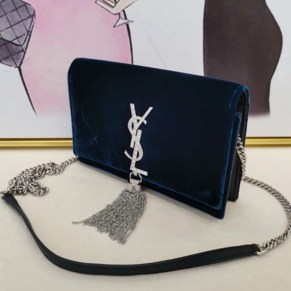 Saint Laurent kate Monogram Velvet Bag Clutch with Crystals